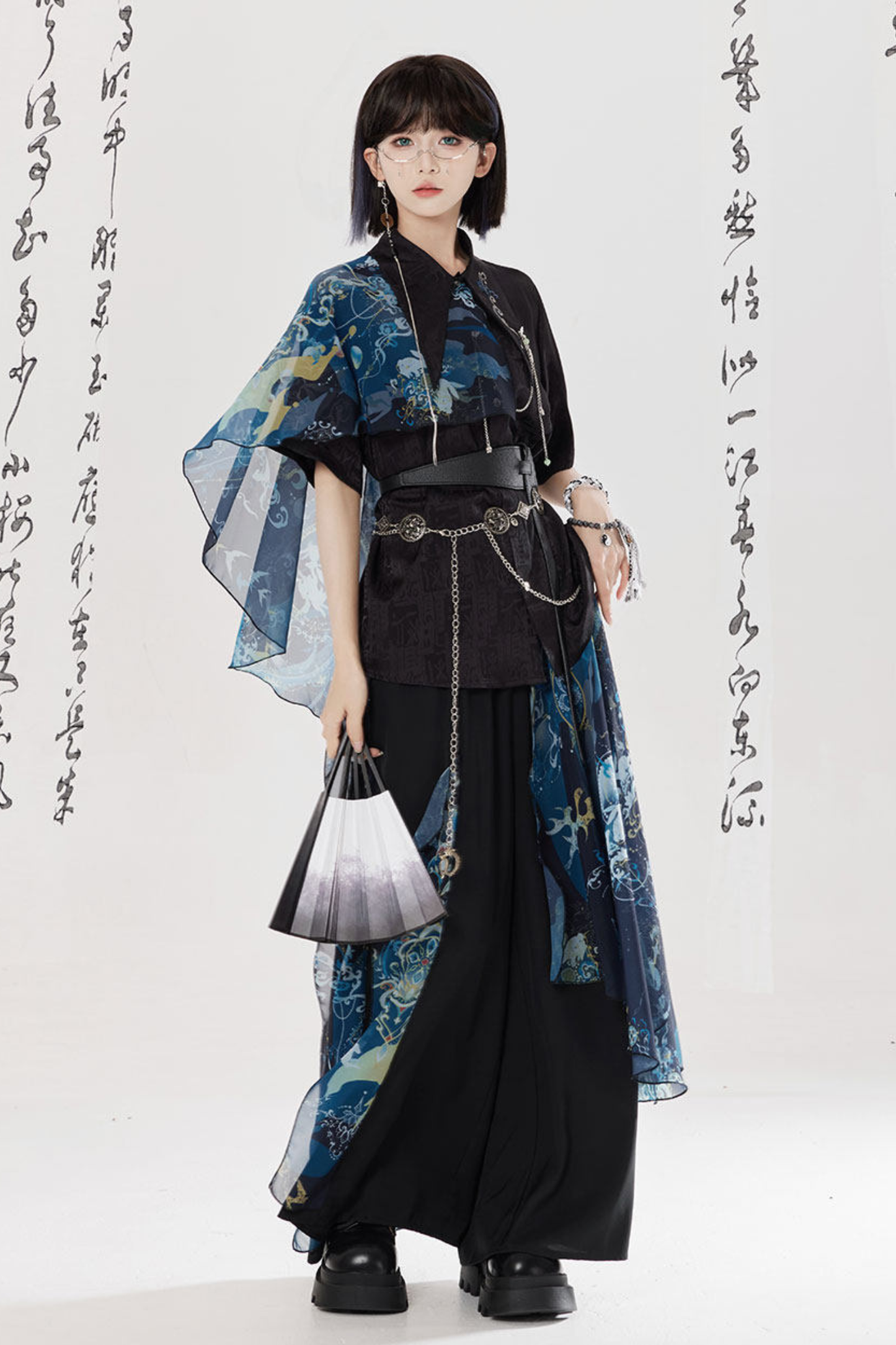 Dark China Shirt + Wide Leg Pants + Chain + Belt
