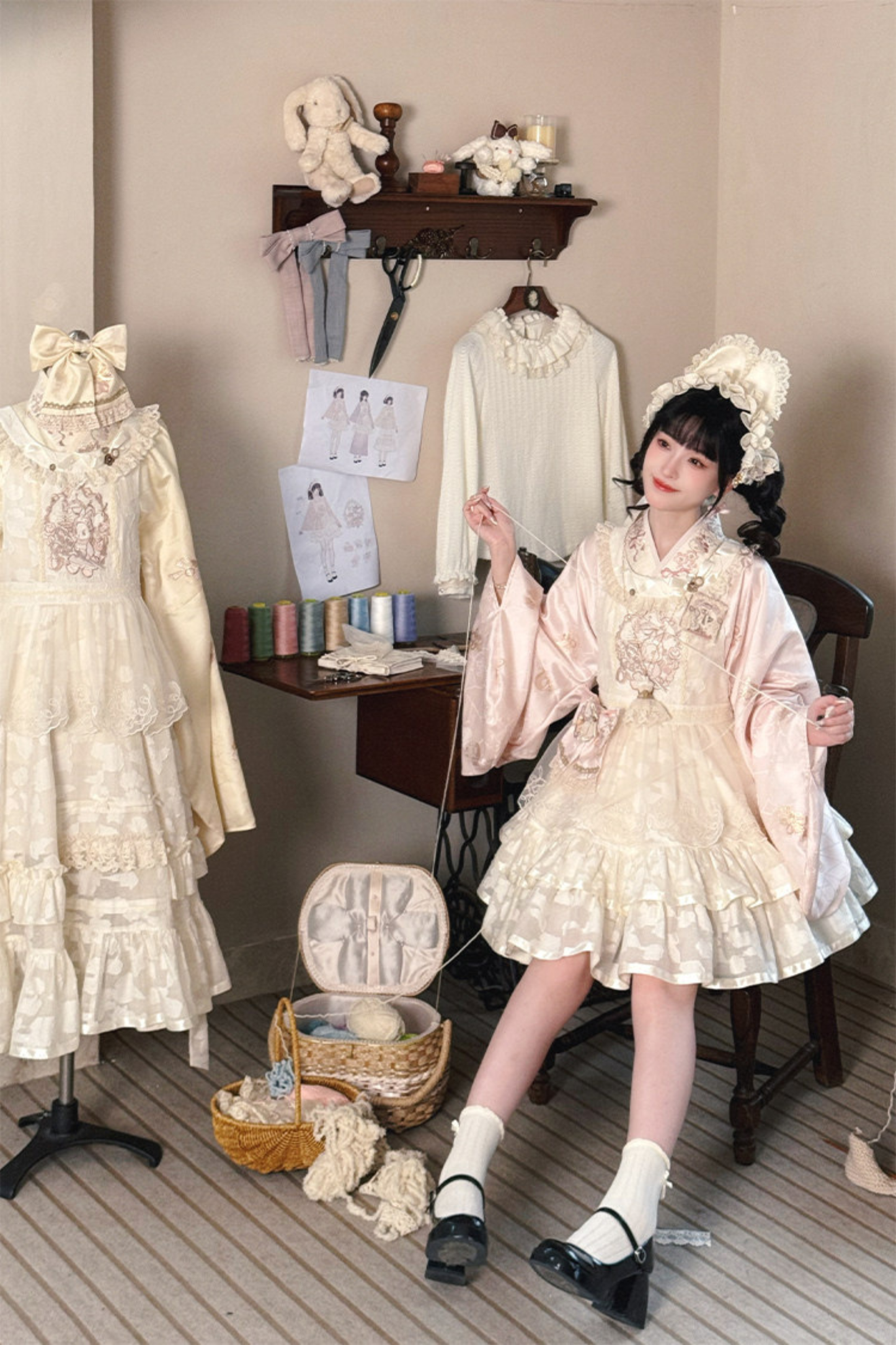 Chinese Pastel Top + Apron + Bow + Necklace + Brooch + Hair Accessories