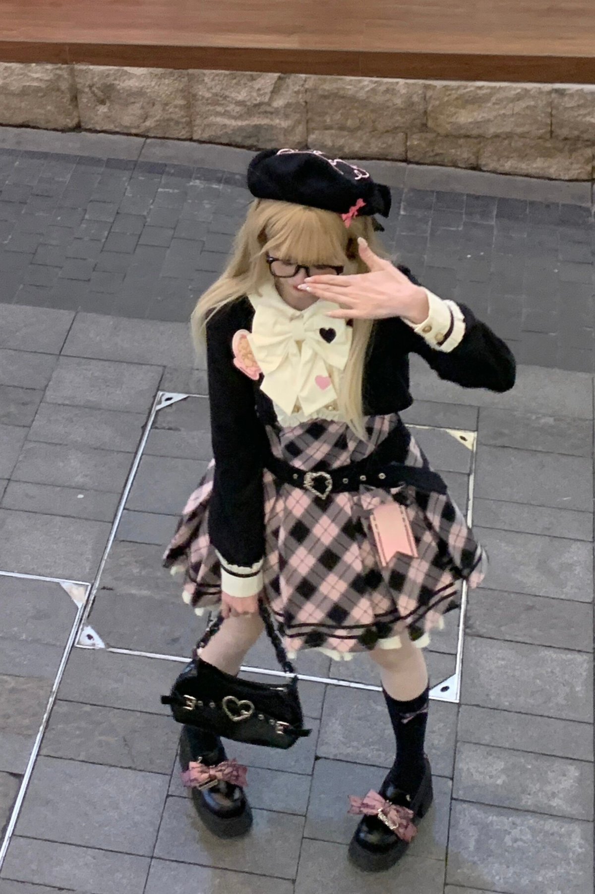 Check Sweet College Faux Two-Piece Dress + Beret
