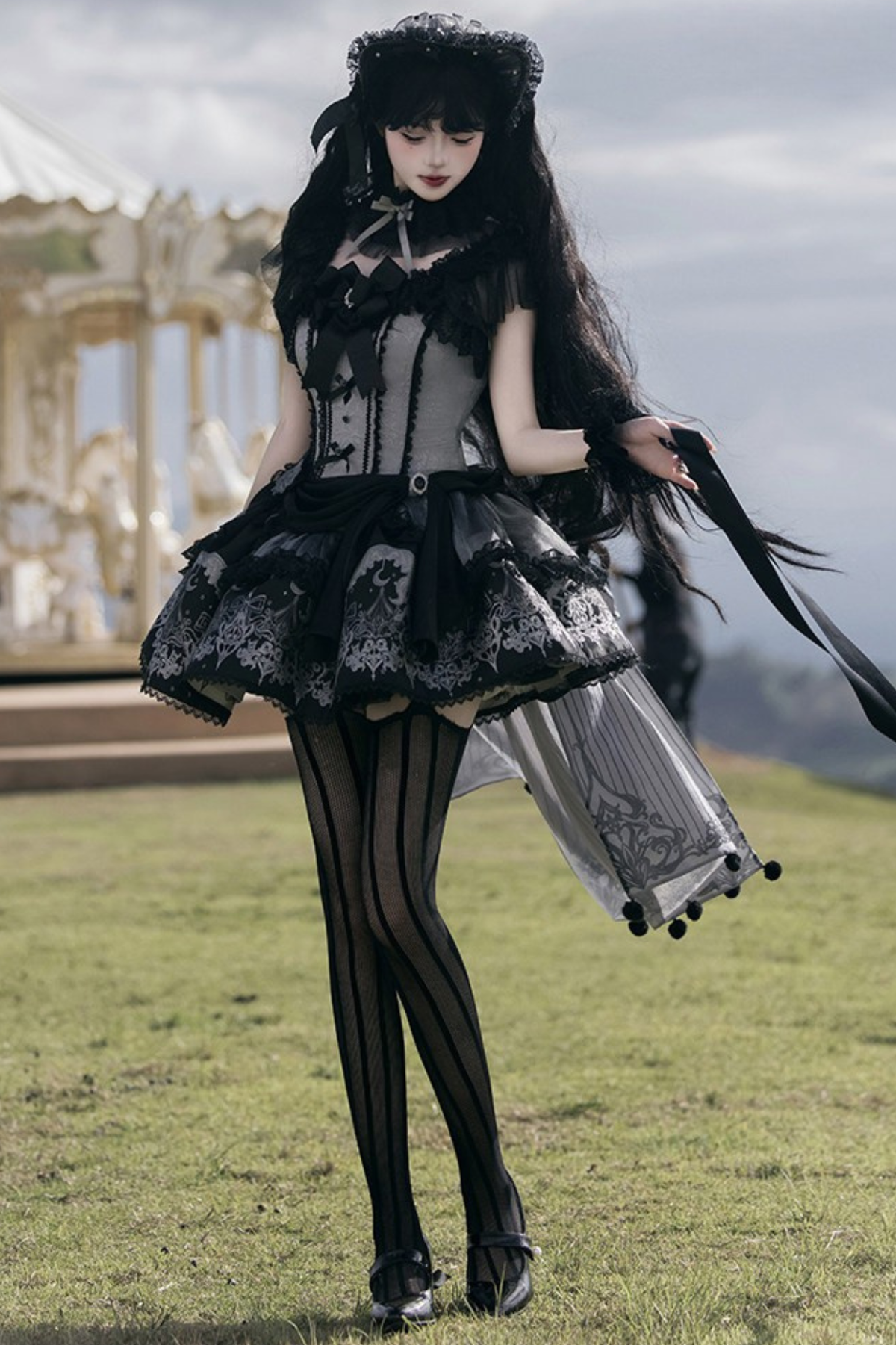 【Reservation Deadline February 28】Dark Silver Lace Lolita Dress + BNT + Neck Accessories