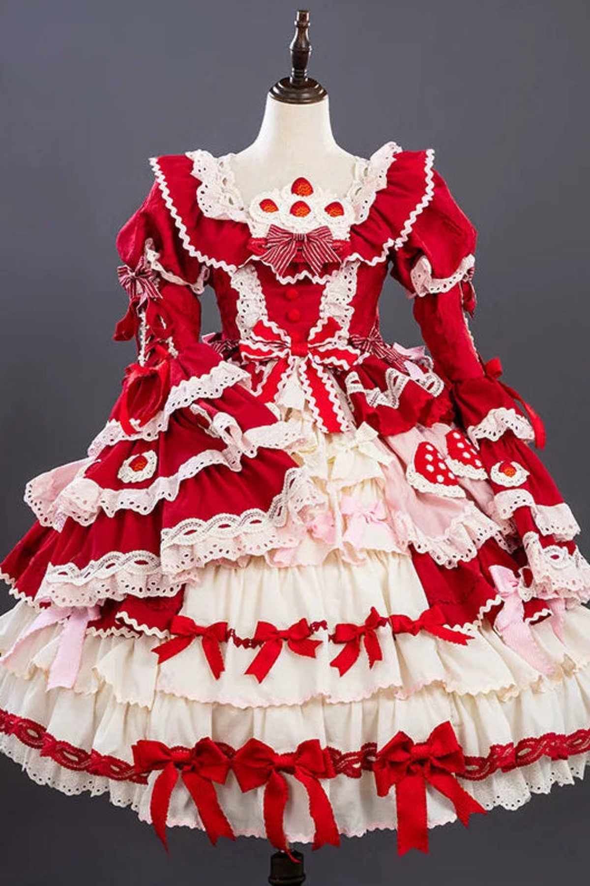 Strawberry Fantasy Lolita Dress + Jumper Skirt + Ribbon + Sleeves + Bonnet