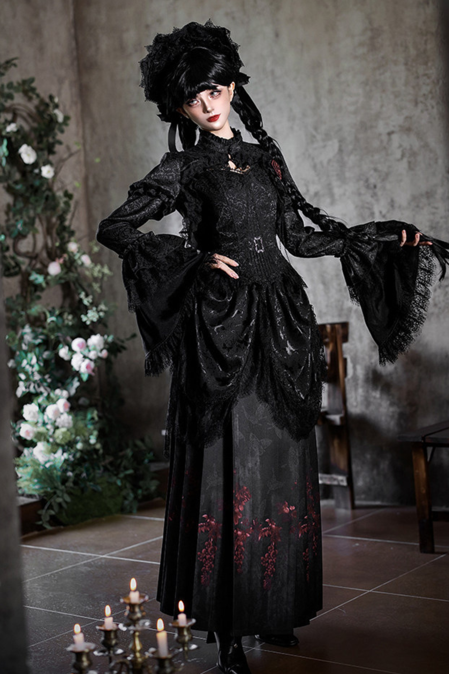 Gothic Corset Tops + Short Coat + Horse + Curtain + Skirt + Flower + Bonnet