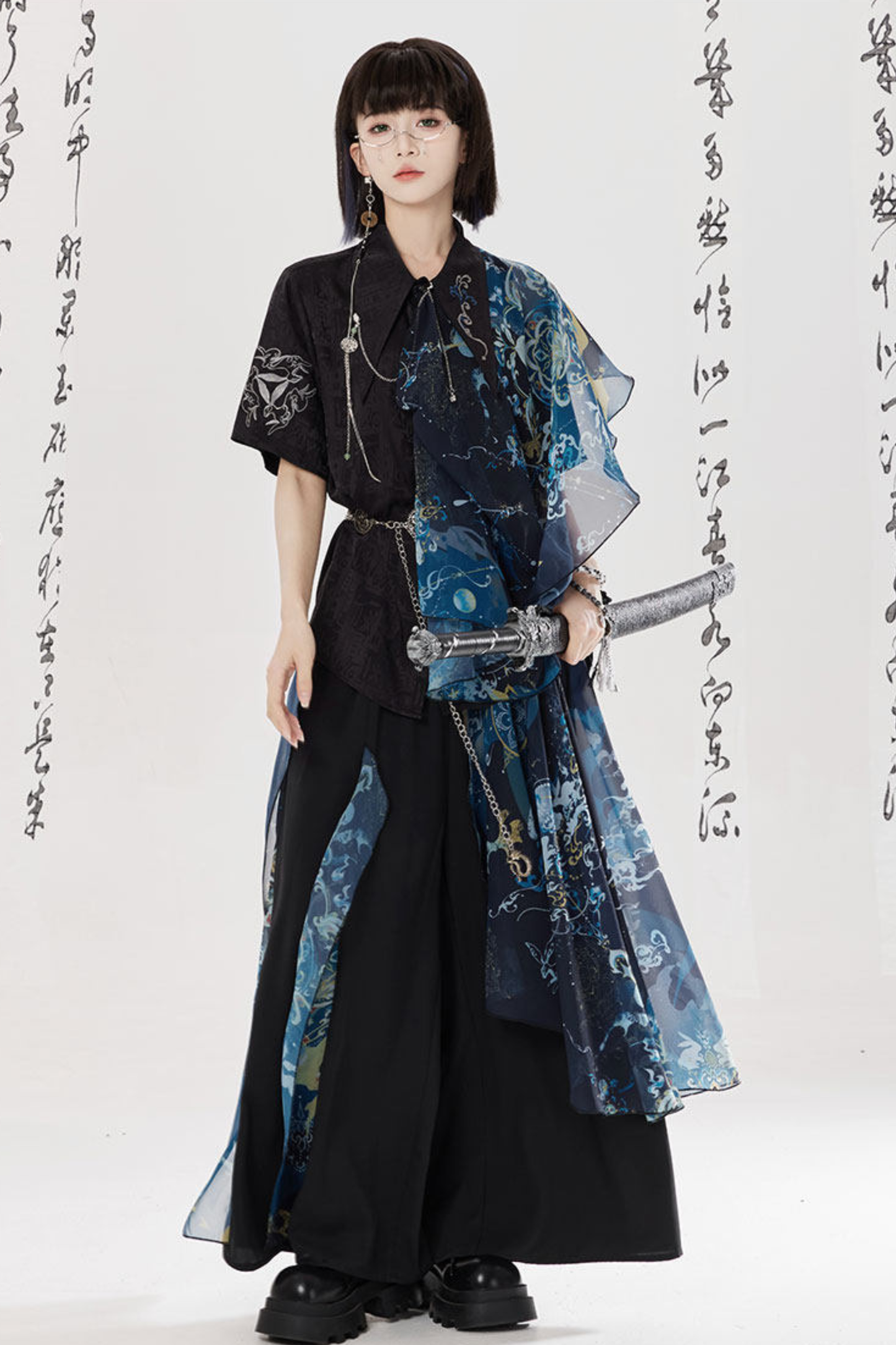 Dark China Shirt + Wide Leg Pants + Chain + Belt