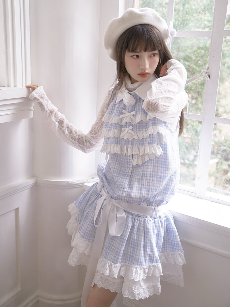 Angel Heart Blue Plaid Jacquard Lace Sleeveless Dress