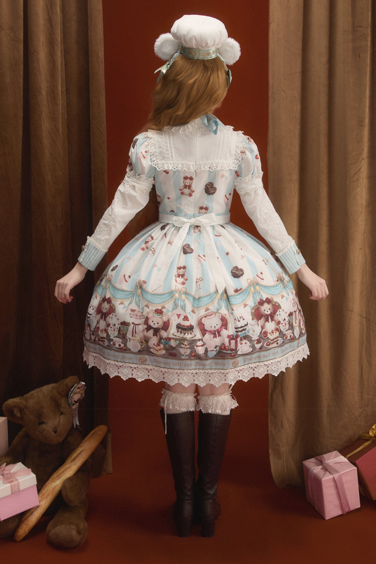 Antique Bear Chef Lolita Dress + Apron + Sleeves + Headband + Brooch + Hair Clip + Hat