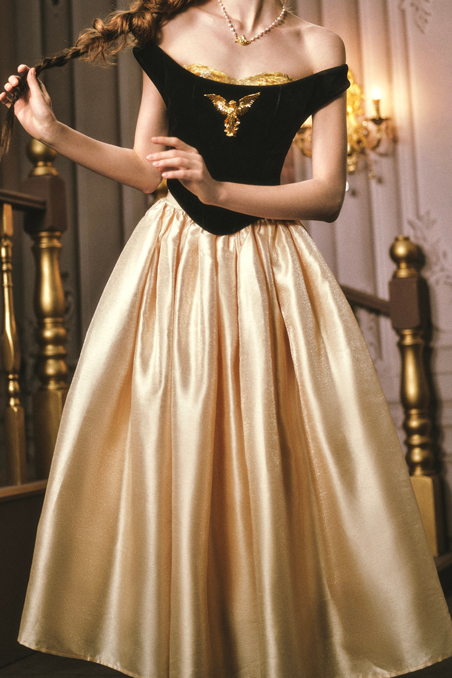 Golden Eagle Lace Corset Top + Skirt + Brooch