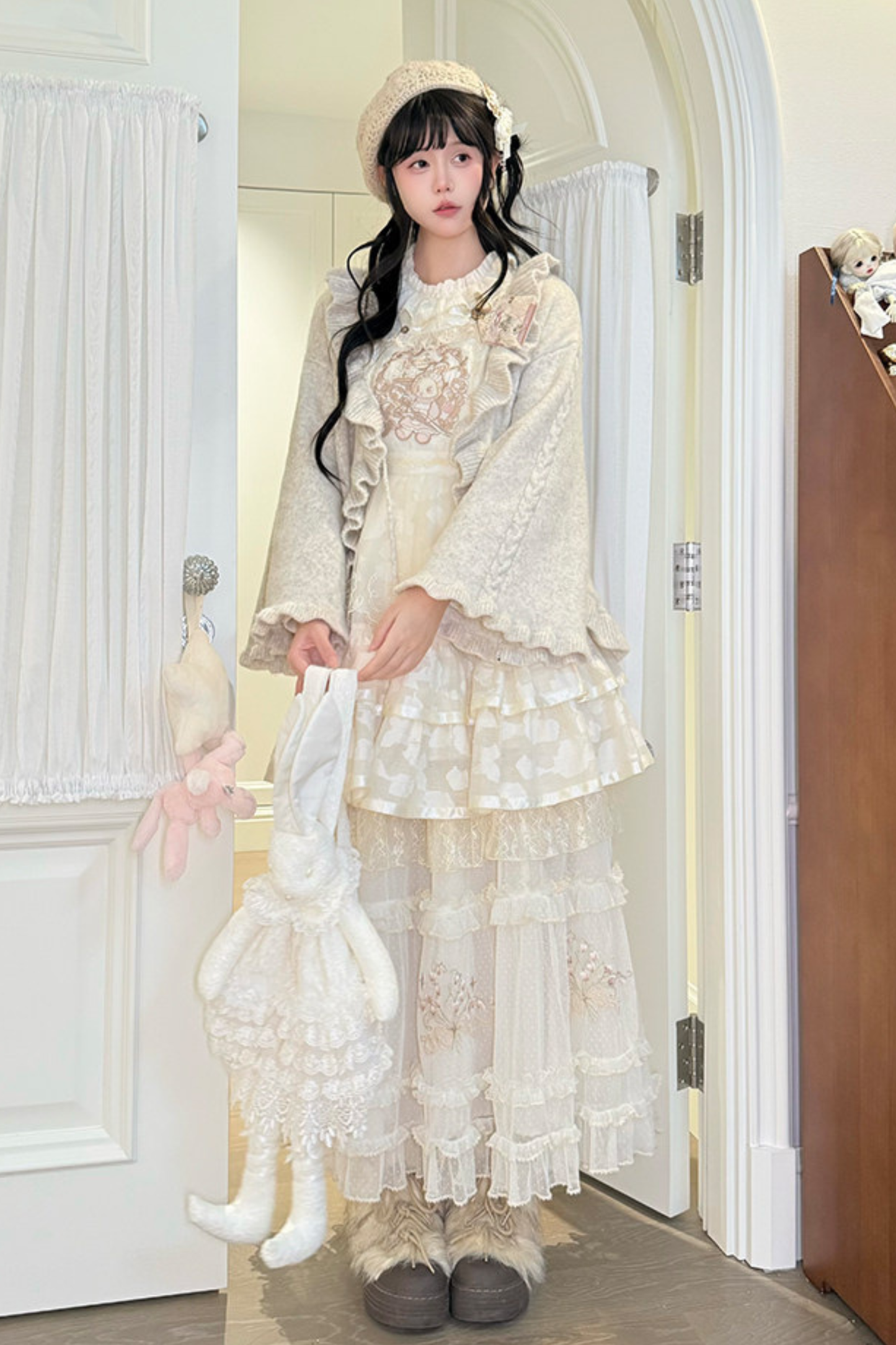 Chinese Pastel Top + Apron + Bow + Necklace + Brooch + Hair Accessories