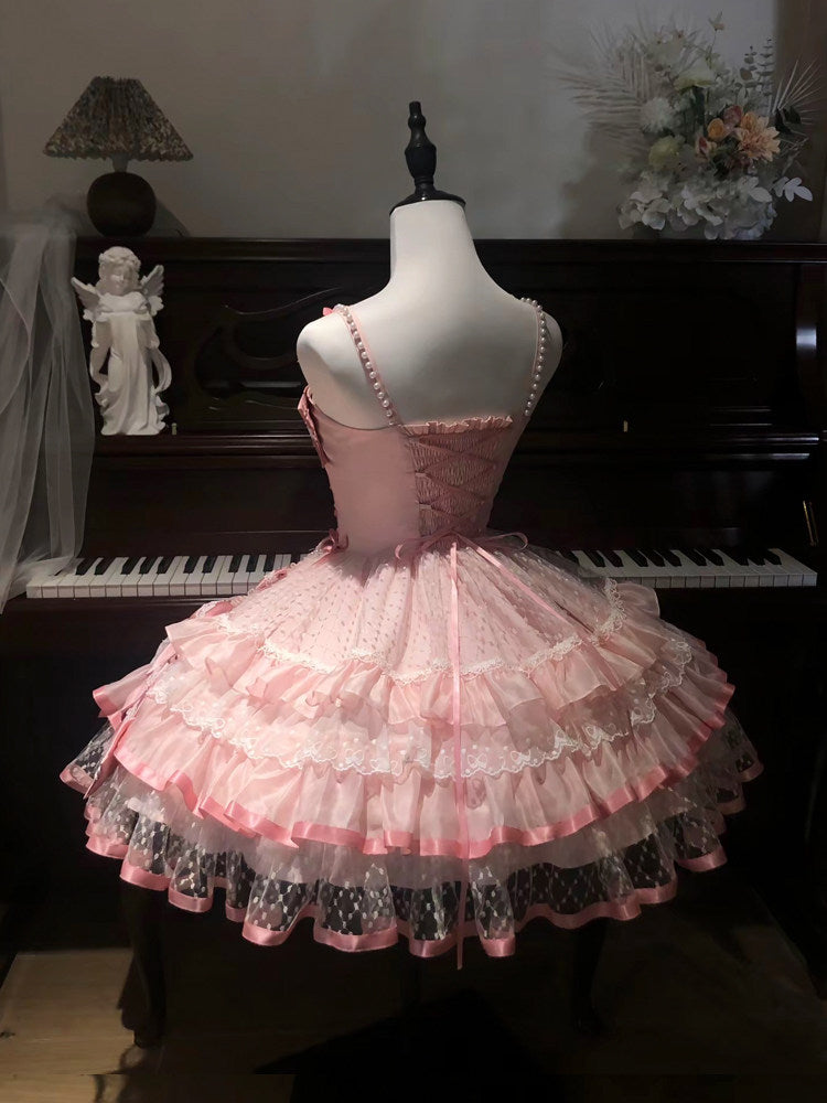 balletcore pink bow lace lolita dress