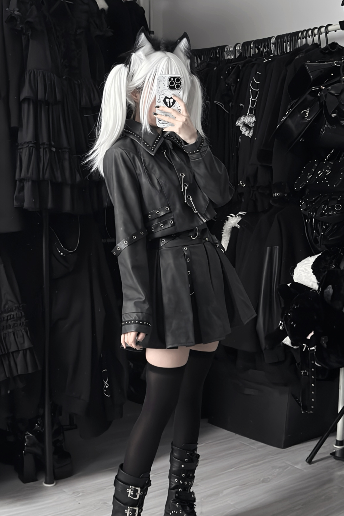 Gothic Matte Leather Dark Girl Top + Skirt