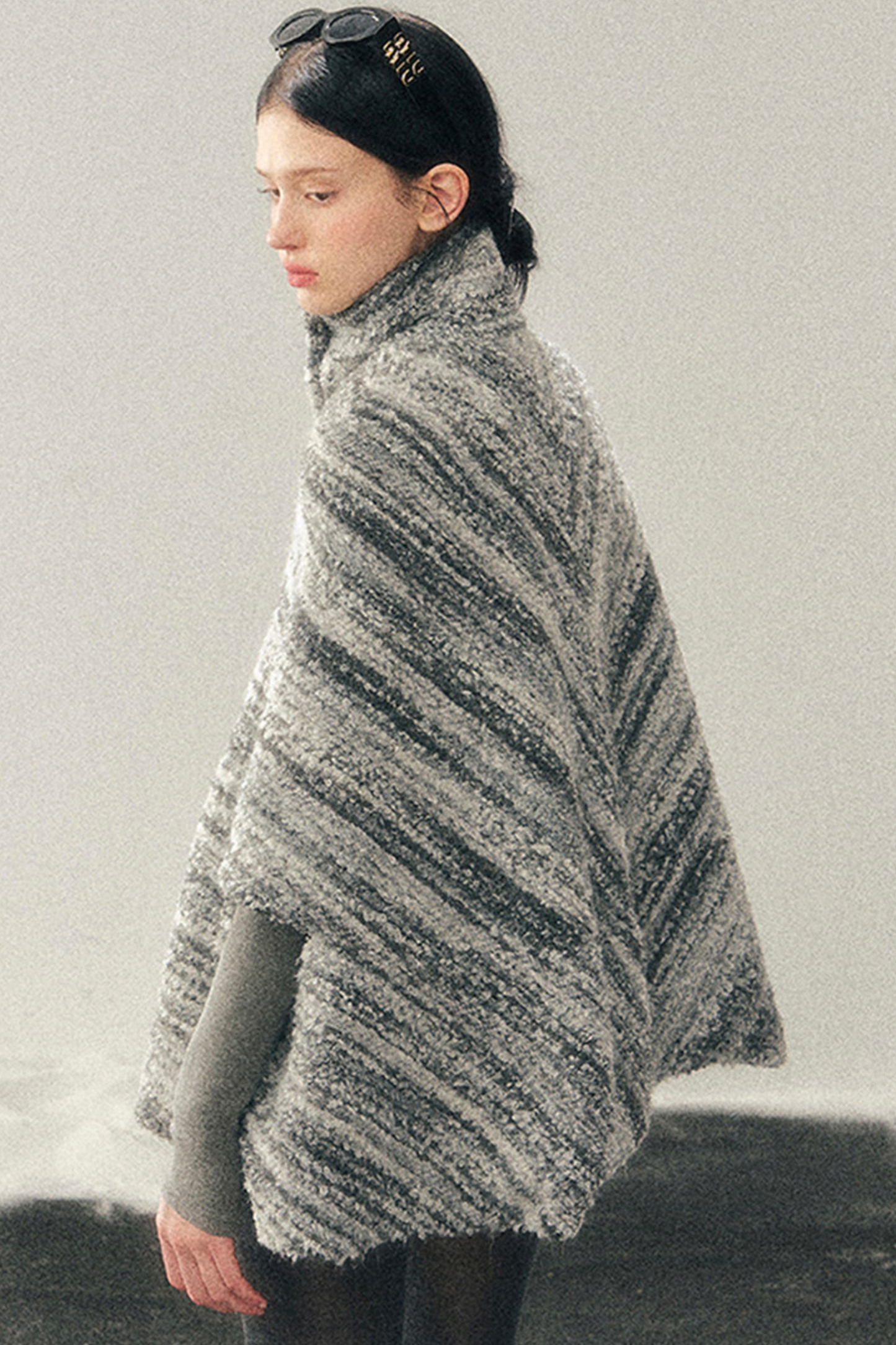 French Striped Wool Turtleneck Coat