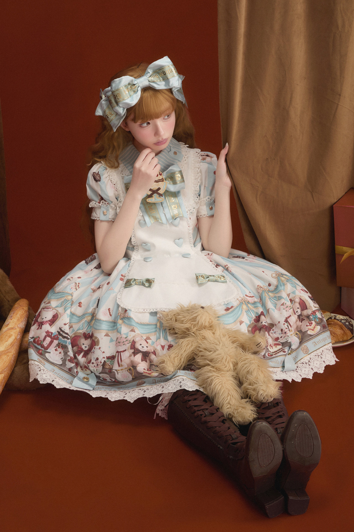 Antique Bear Chef Lolita Dress + Apron + Sleeves + Headband + Brooch + Hair Clip + Hat Blue ［Dress+ Apron］