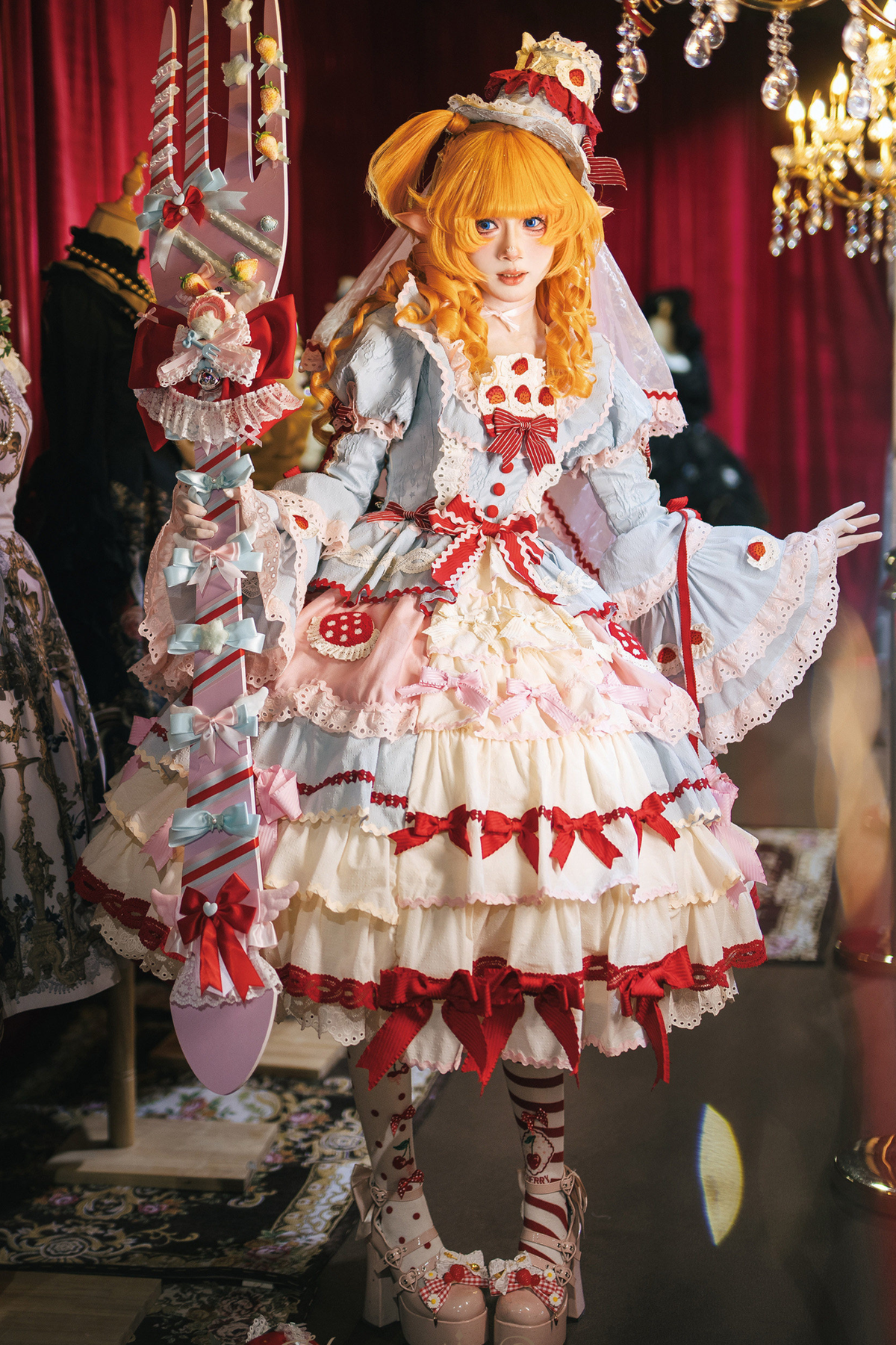 Strawberry Fantasy Lolita Dress + Jumper Skirt + Ribbon + Sleeves + Bonnet