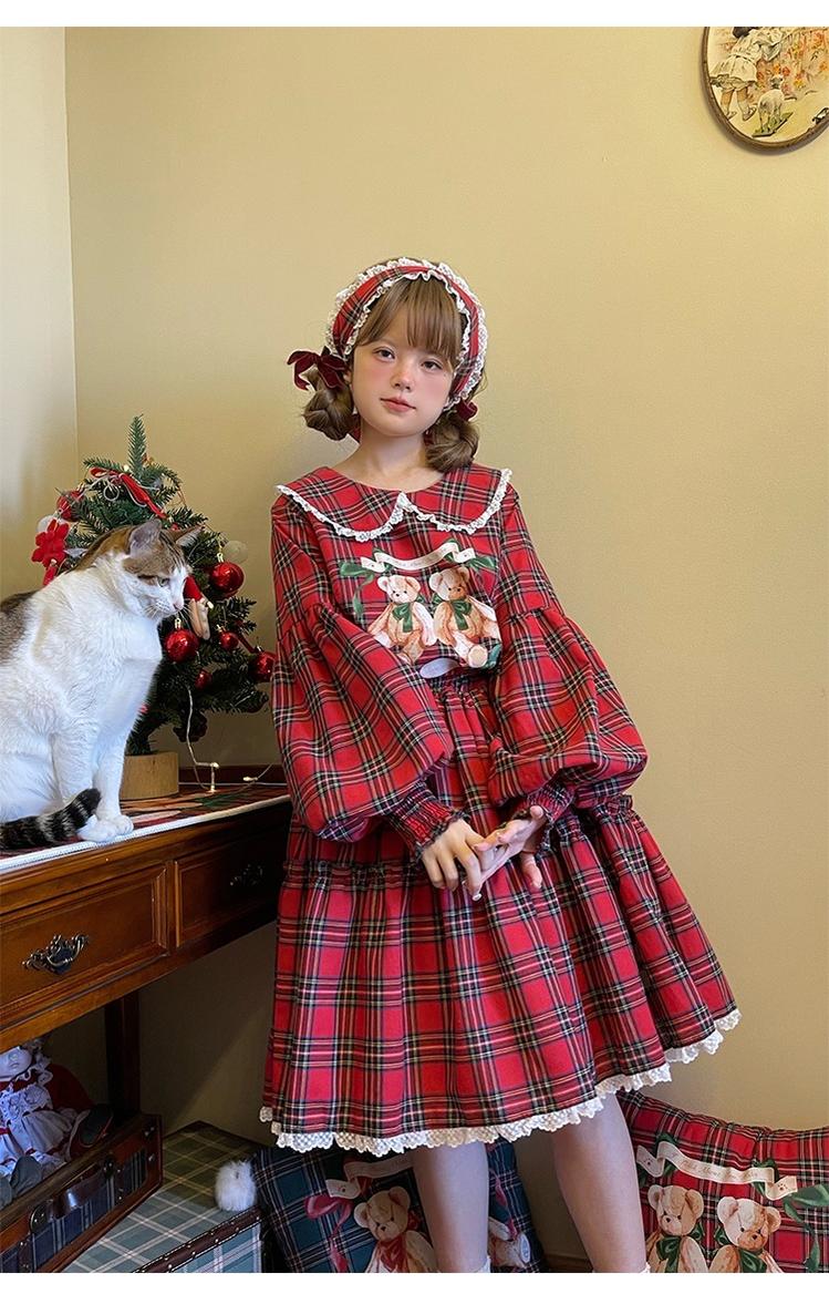 Christmas Vintage Lolita Skirts Doll Collar Blouse Plaid Skirt Set