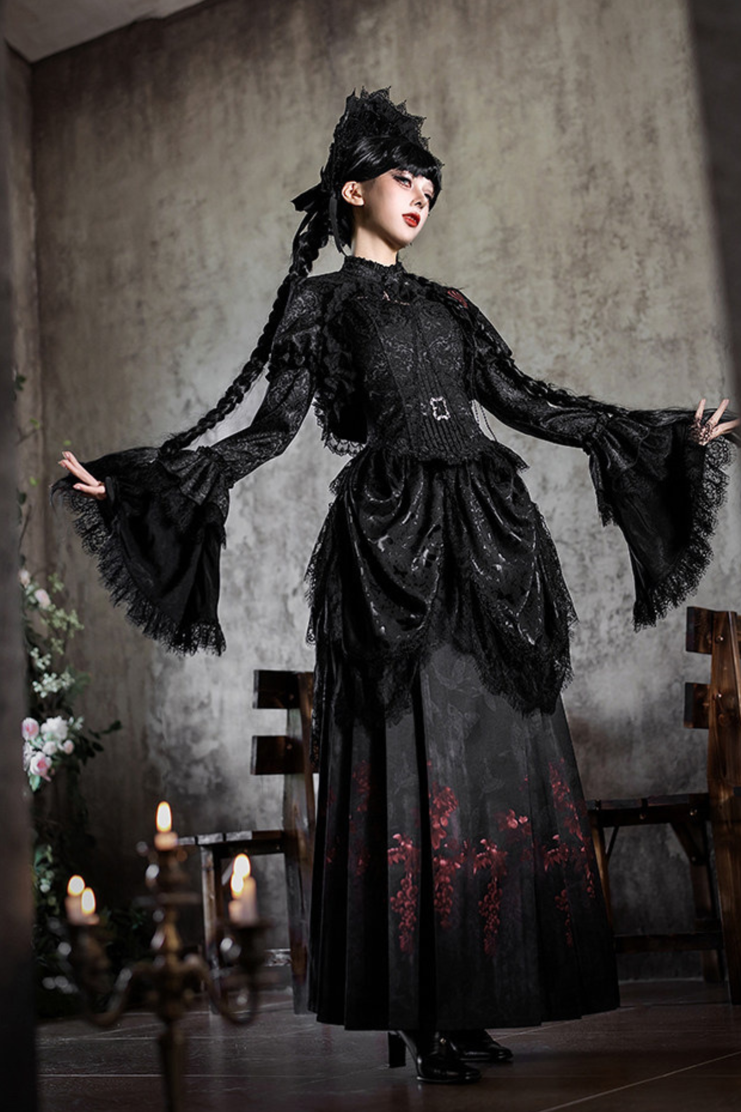 Gothic Corset Tops + Short Coat + Horse + Curtain + Skirt + Flower + Bonnet