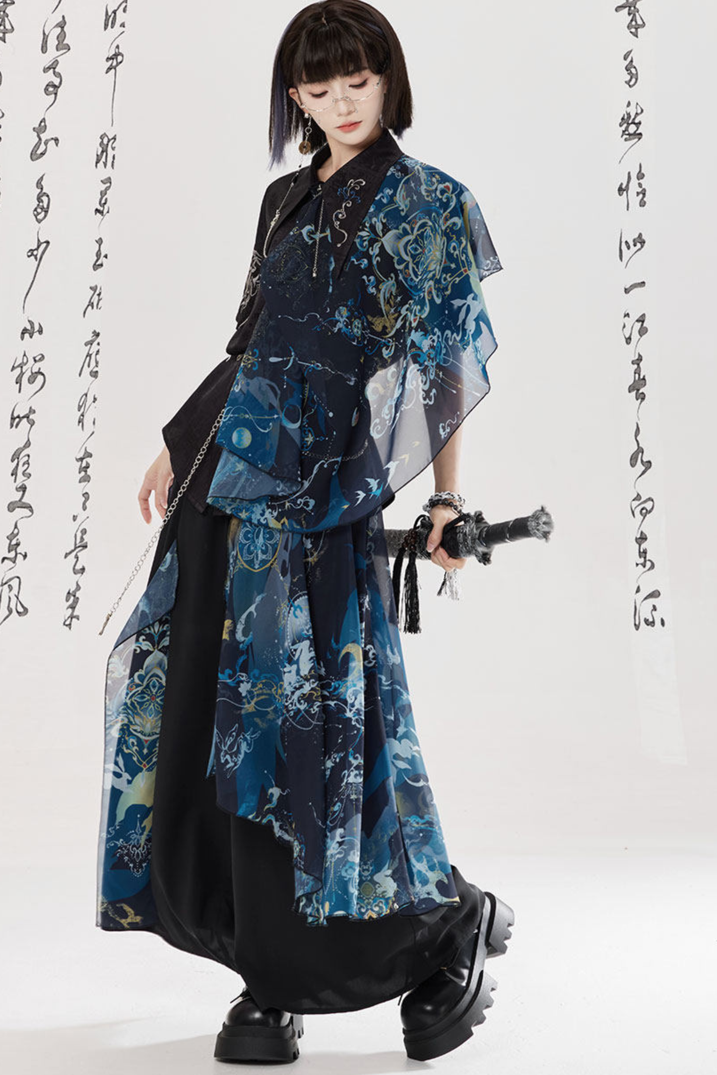 Dark China Shirt + Wide Leg Pants + Chain + Belt
