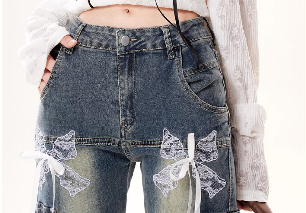 Coquette Lace Bow Bell Bottom Jeans