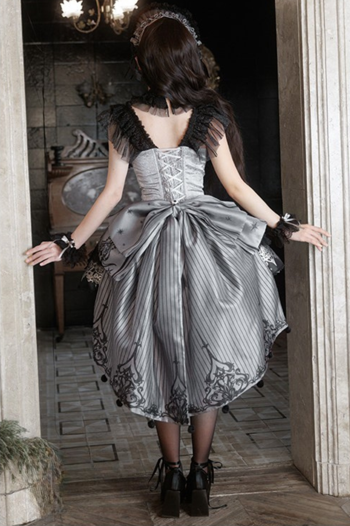 【Reservation Deadline February 28】Dark Silver Lace Lolita Dress + BNT + Neck Accessories