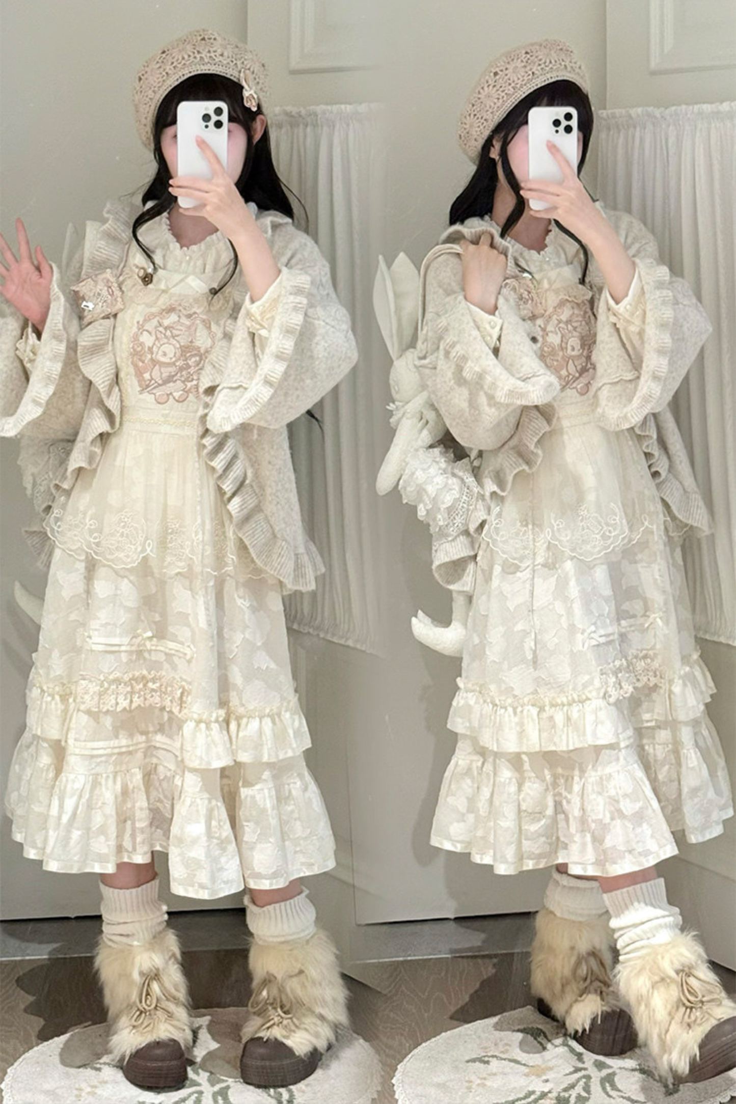 Chinese Pastel Top + Apron + Bow + Necklace + Brooch + Hair Accessories