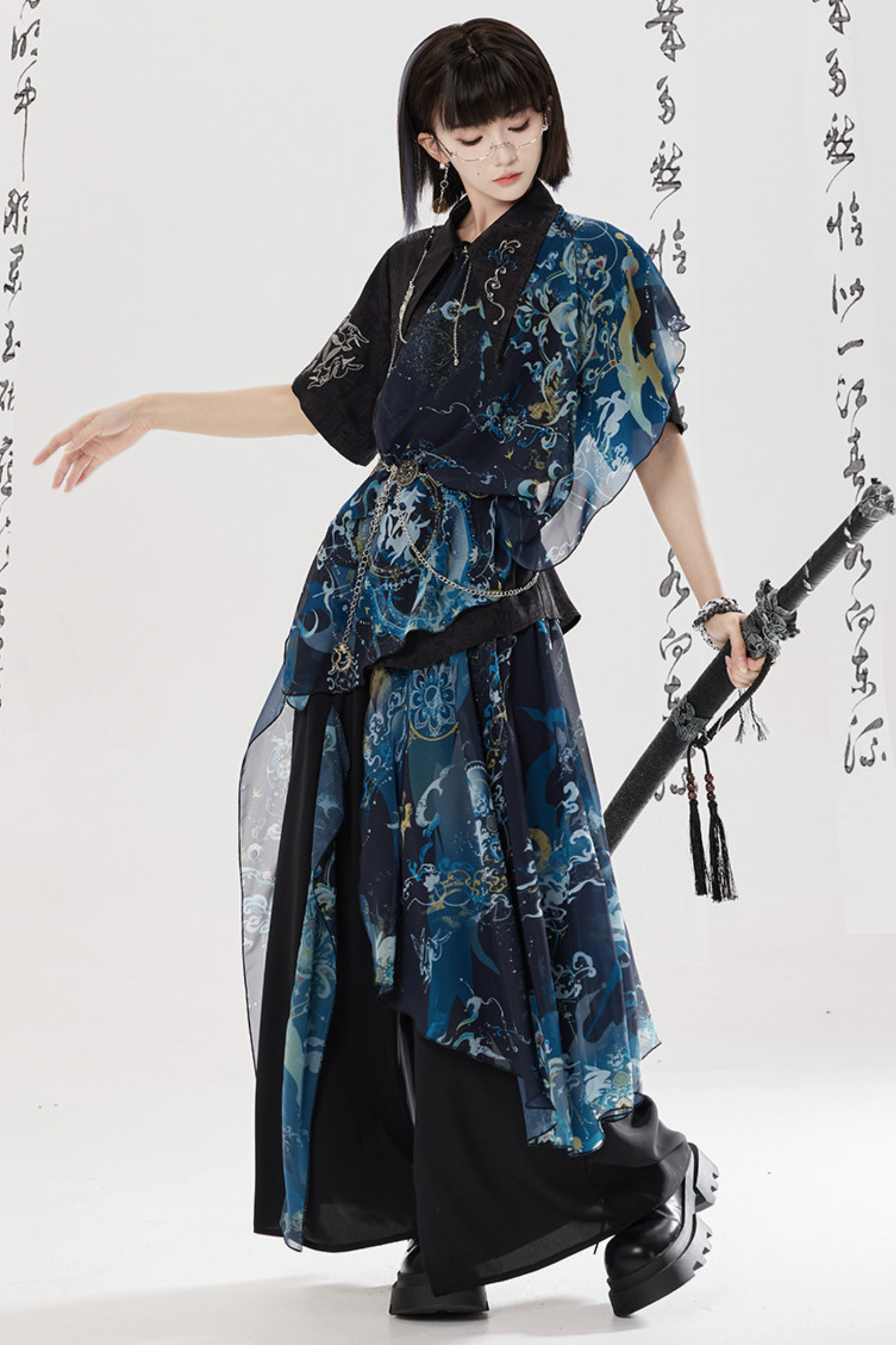 Dark China Shirt + Wide Leg Pants + Chain + Belt