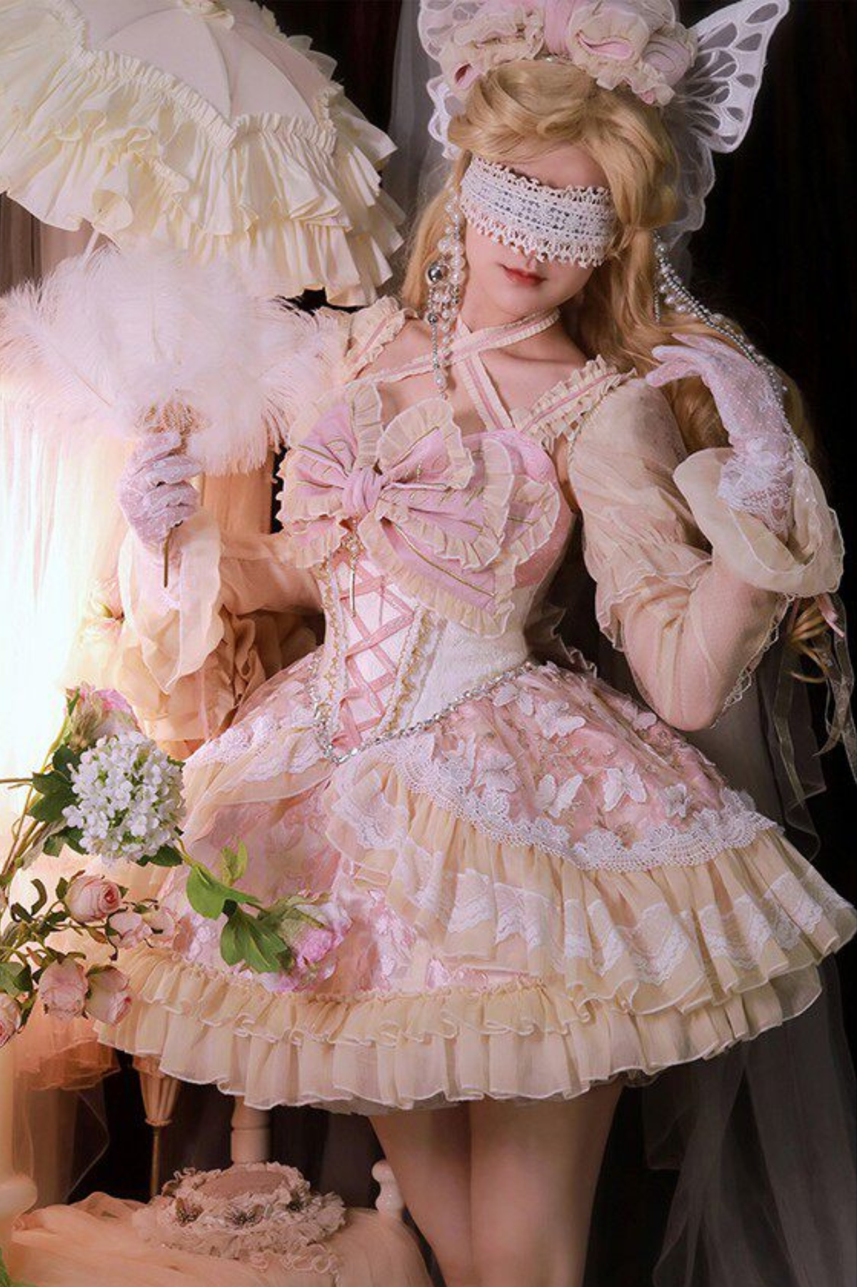 Sweet Baroque Lolita Dress + Veil + Ribbon + Headband + Tail + Sleeves