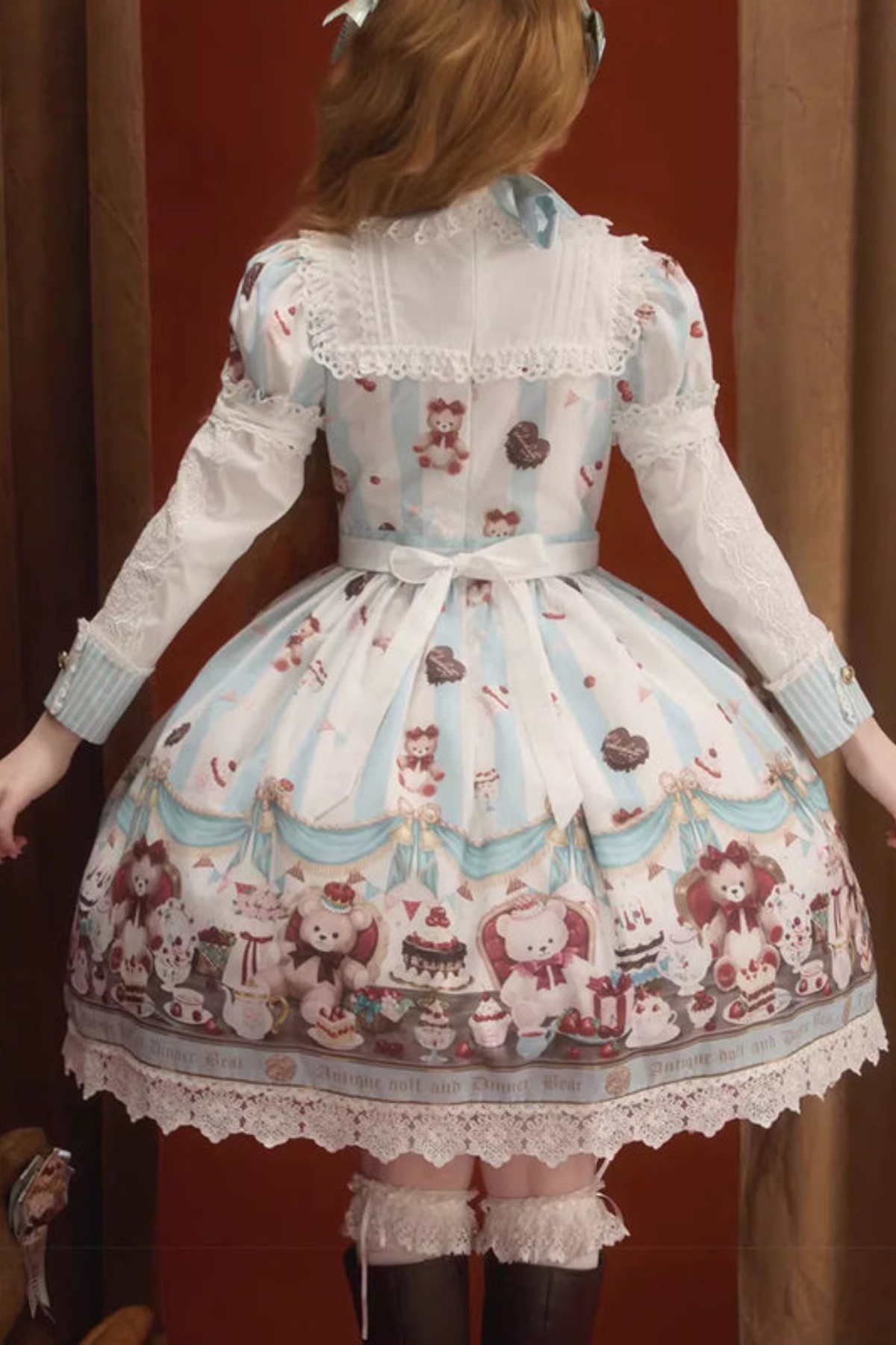Antique Bear Chef Lolita Dress + Apron + Sleeves + Headband + Brooch + Hair Clip + Hat Blue ［Dress］