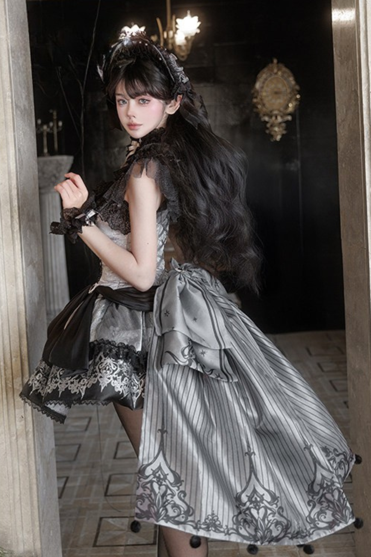 【Reservation Deadline February 28】Dark Silver Lace Lolita Dress + BNT + Neck Accessories