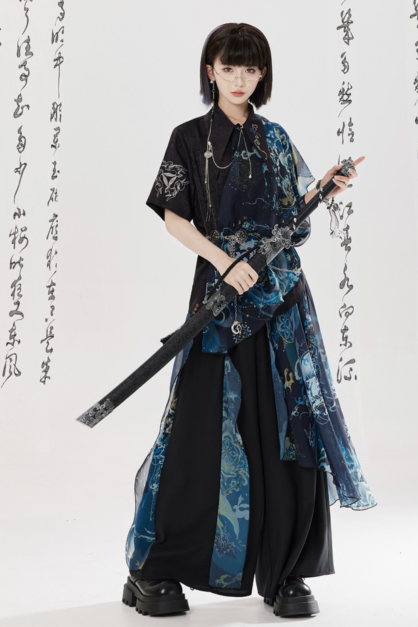 Dark China Shirt + Wide Leg Pants + Chain + Belt