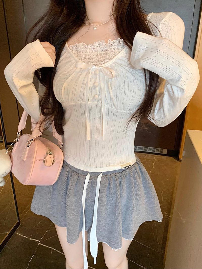 Lace-up Bow Long-sleeved Coquette Top