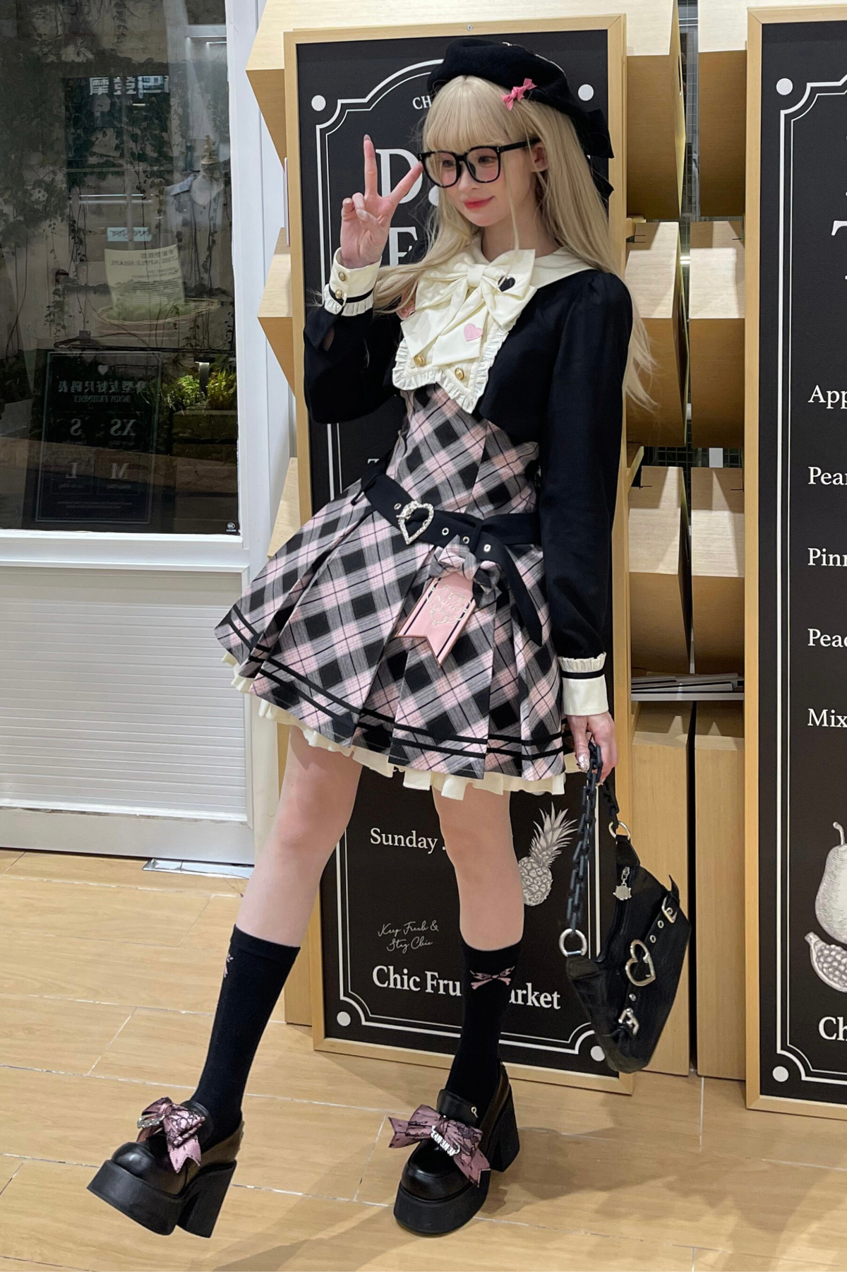 Check Sweet College Faux Two-Piece Dress + Beret