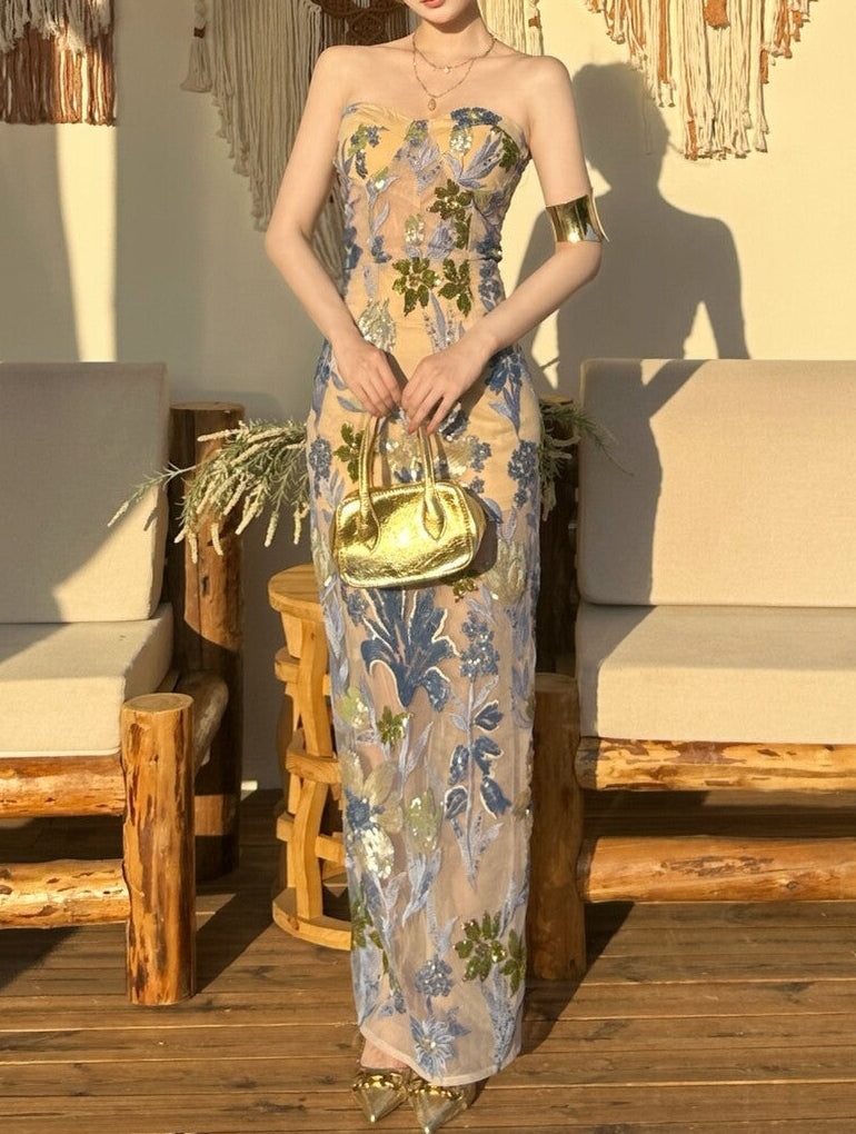 Blue Lotus Elegant Floral Sequined Strapless Dress