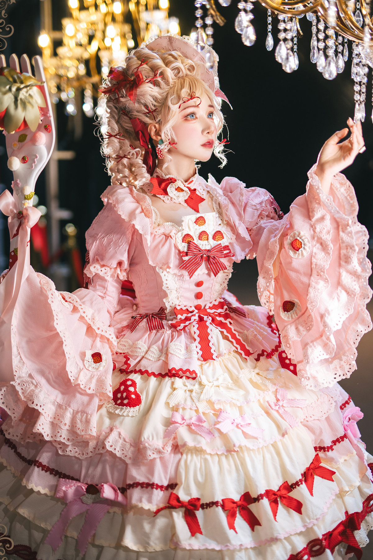 Strawberry Fantasy Lolita Dress + Jumper Skirt + Ribbon + Sleeves + Bonnet