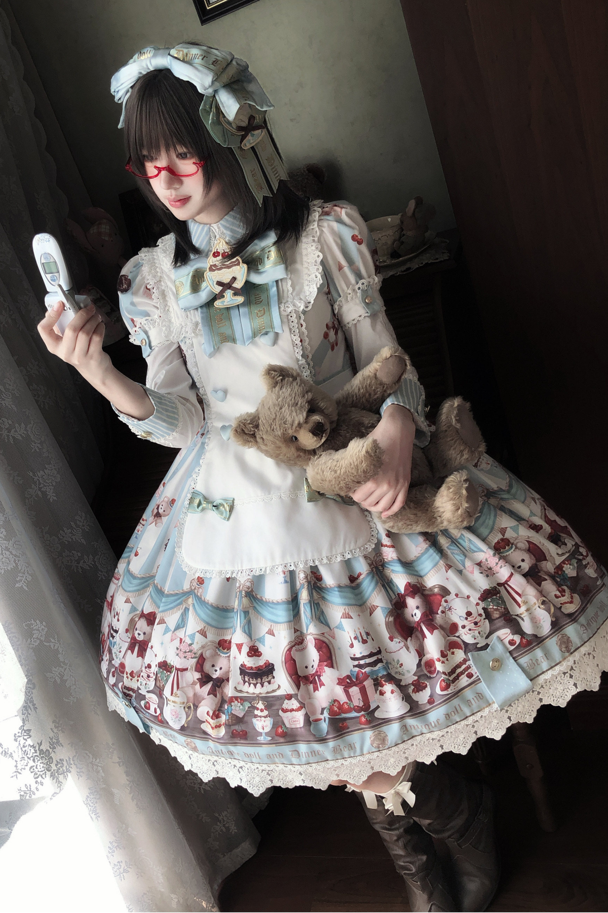 Antique Bear Chef Lolita Dress + Apron + Sleeves + Headband + Brooch + Hair Clip + Hat