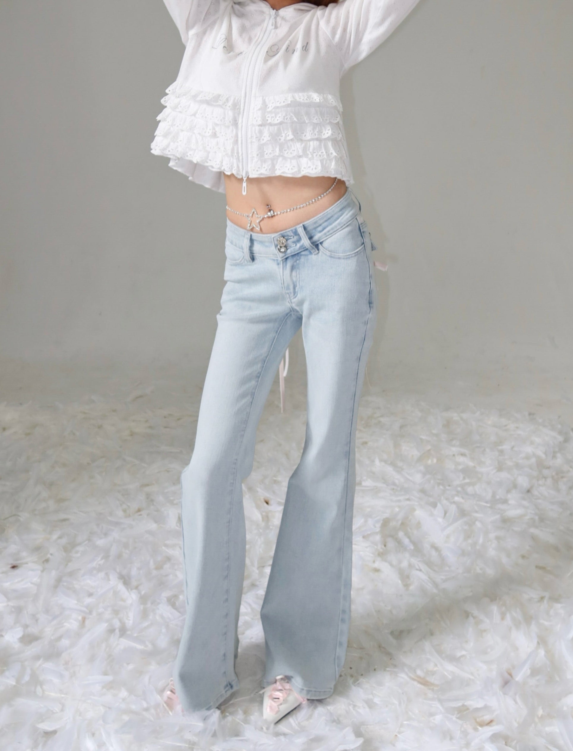 Coquette Rhinestone Lace Bow Strap Ballet Jeans