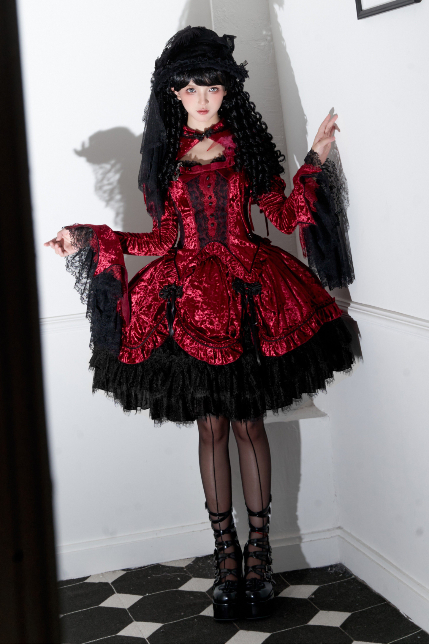 Gothic Velvet Sleeve Lolita Top + Vest + Skirt