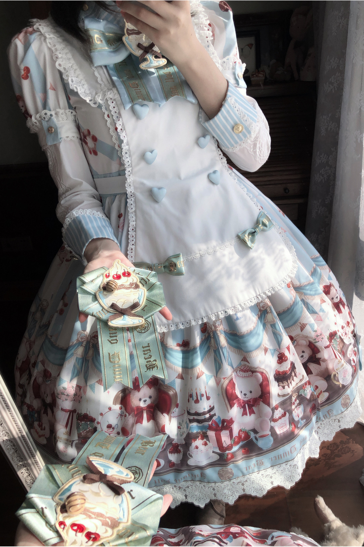 Antique Bear Chef Lolita Dress + Apron + Sleeves + Headband + Brooch + Hair Clip + Hat