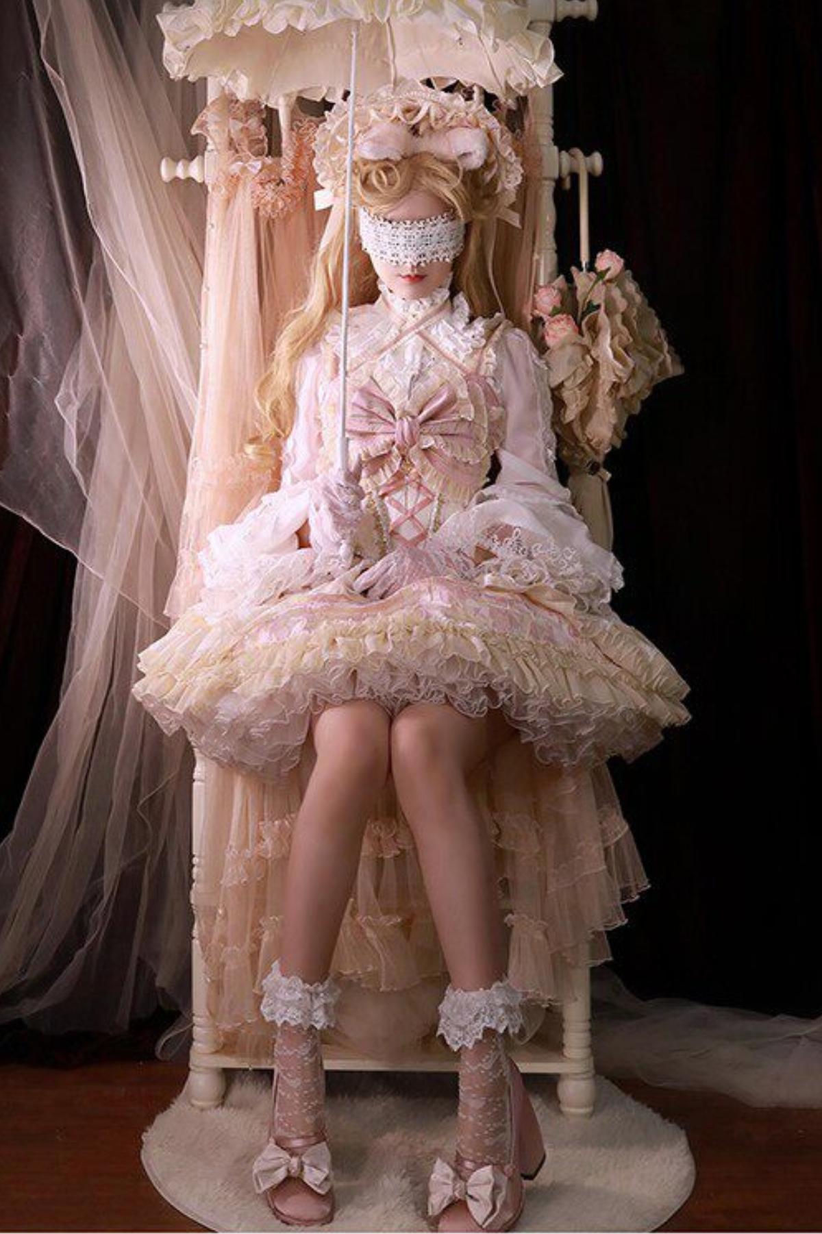 Sweet Baroque Lolita Dress + Veil + Ribbon + Headband + Tail + Sleeves