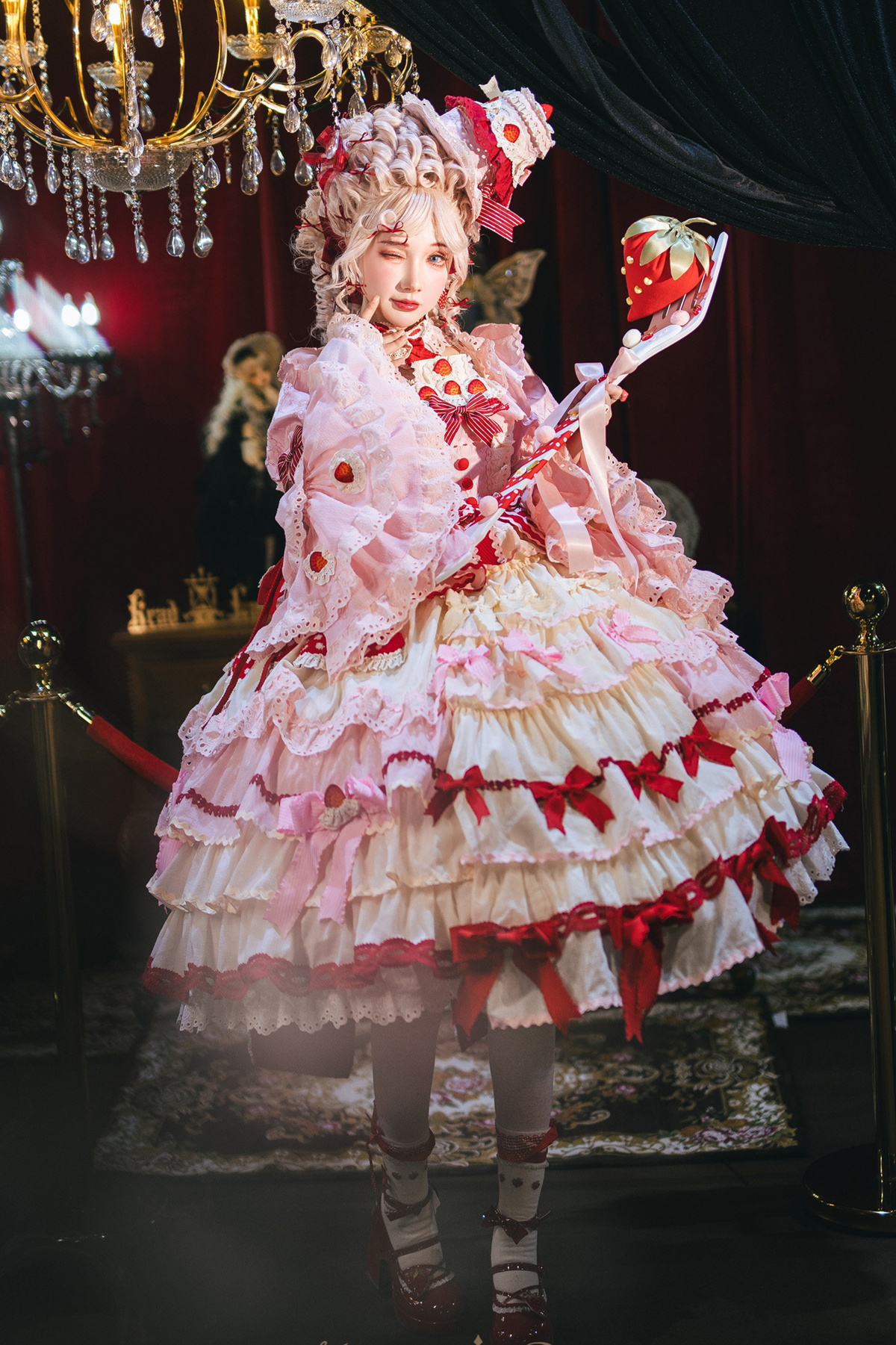 Strawberry Fantasy Lolita Dress + Jumper Skirt + Ribbon + Sleeves + Bonnet