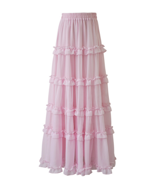 Pink Ruffled Cake Maxi Skirt