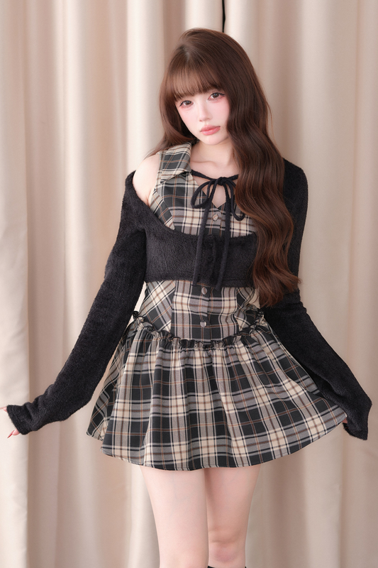 Sweet Off-Shoulder Faux Two-Piece Dress Black