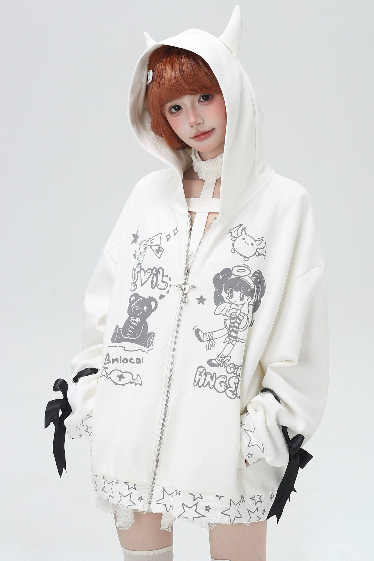Devil Girl 3D Wings Hooded Jacket White