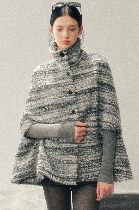 French Striped Wool Turtleneck Coat