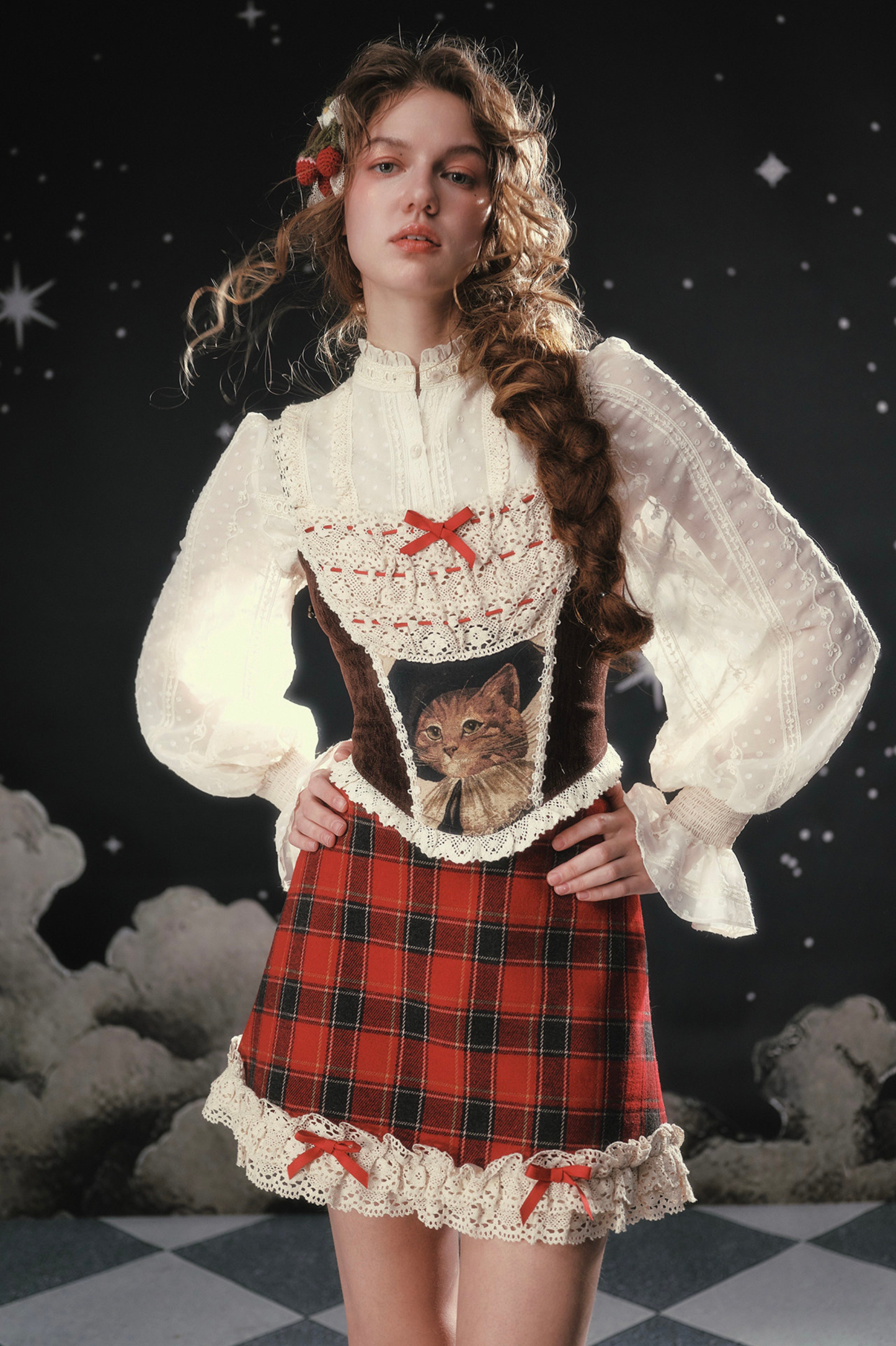 Lace Maid Plaid Corset Top + Crochet Cardigan + Plaid Skirt