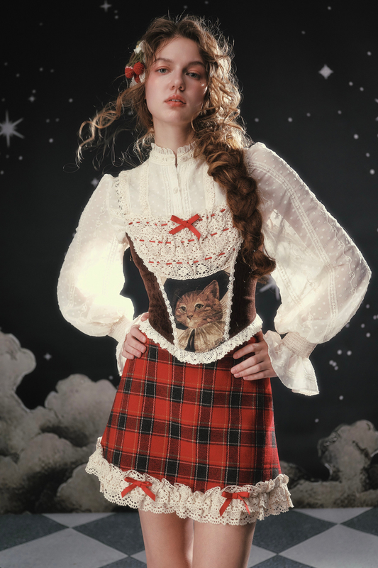 Lace Maid Plaid Corset Top + Crochet Cardigan + Plaid Skirt