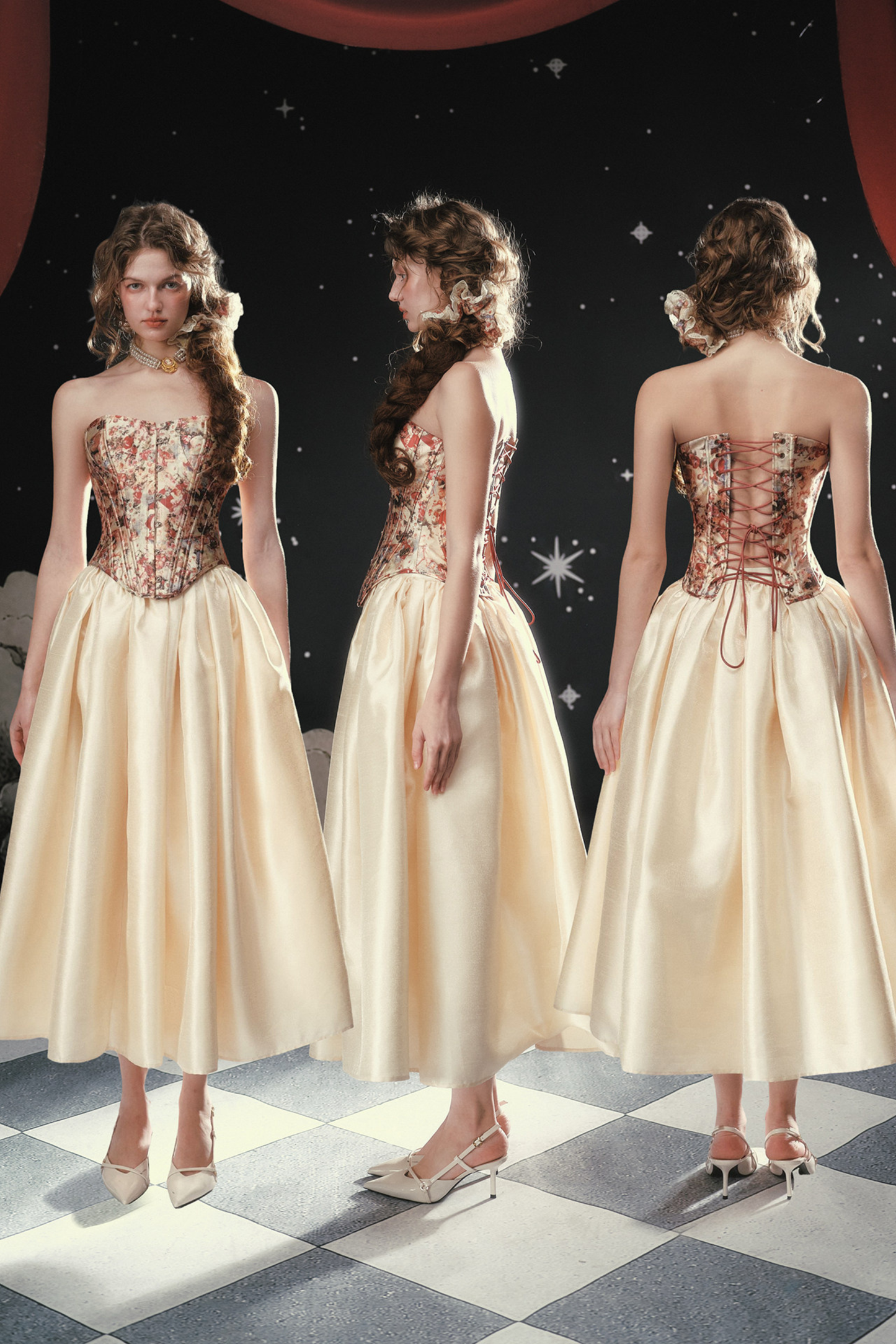 Antique Corset Top + Satin Flare Skirt