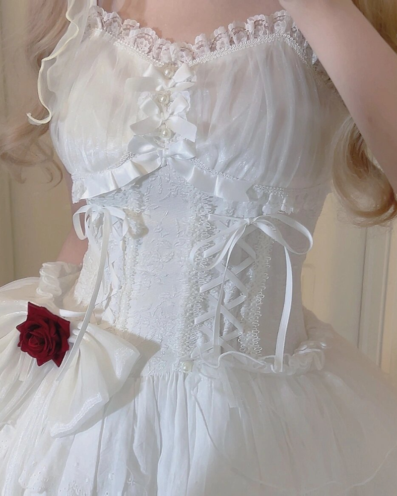 Vintage Rose Fluffy Ballet White Corset Dress