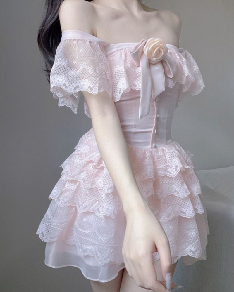 Sweet Flower Waist Slimming Cake Mini Coquette Dress