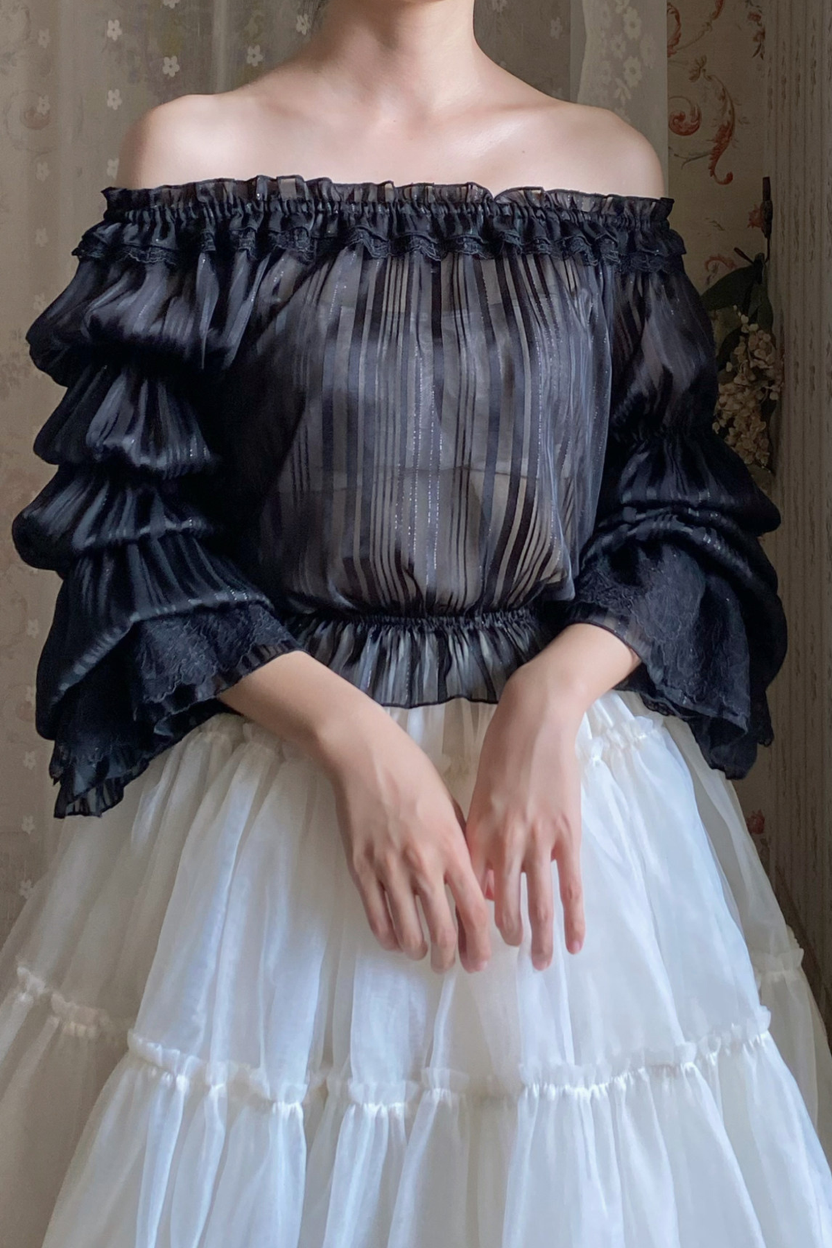 Chiffon Off-Shoulder Sheer Top Black
