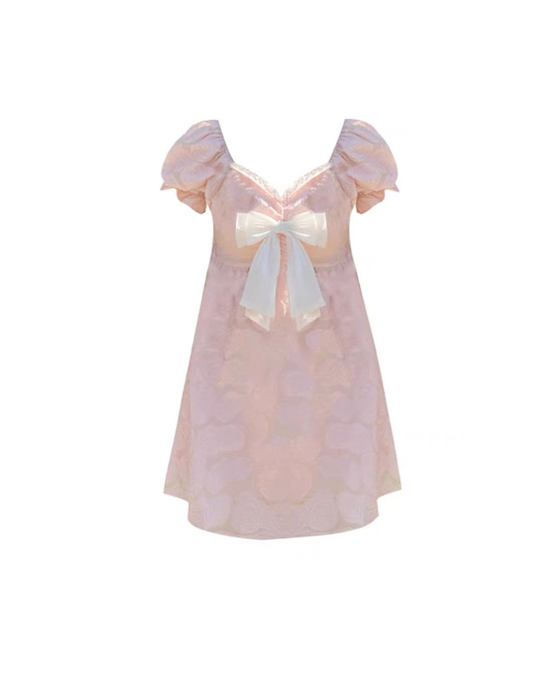 Sweet Pink Bow Princess Puff Sleeves Coquette Dress