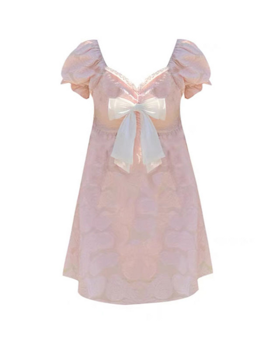 Sweet Pink Bow Princess Puff Sleeves Coquette Dress