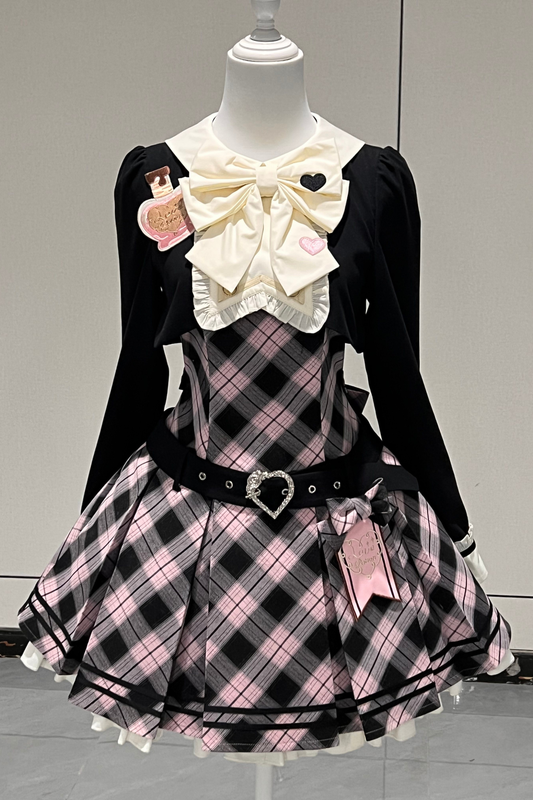Check Sweet College Faux Two-Piece Dress + Beret Dress